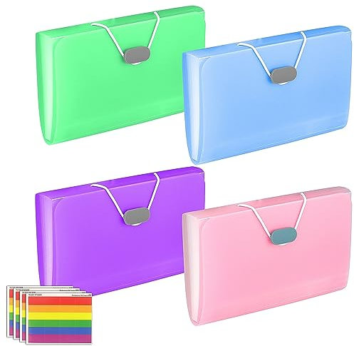 Prmape 4 Stück Fächermappe A6, 13 Taschen Expanding File Folder mit Farbigen Haftnotizen, 17.8 * 10.6 * 3cm Kleine Akkordeon-Datei Veranstalter für Zuhause & Büro & Schule