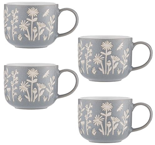 Mason Cash, in The Meadow Set mit 4 Daisy Blue Steingut-Tassen, 400 ml, reaktive Glasur und wachsbeständiges Design, mikrowellen- und spülmaschinenfest