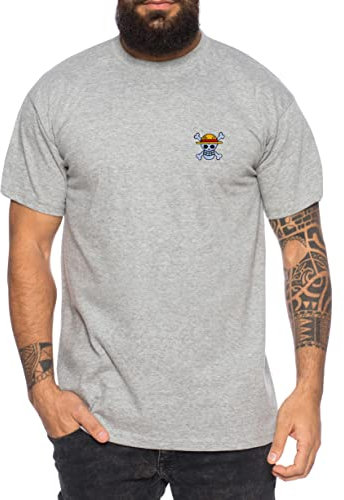 Ruffy Straw Hat Men's Embroidered T-Shirt - Embroidery One Pirate Piece Anime Luffy Zoro, Color:Heather Grey, Size:XXL