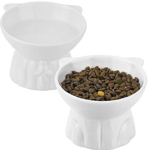 Ceramic Elevated Cat Bowls, 2 Extra Wide Raised Cat Bowl for Food and Water, Shallow cat Food Dish Whisker Friendly, Anti Vomit Cat Bowls Microwave and Dishwasher Safe, Great Height (White)