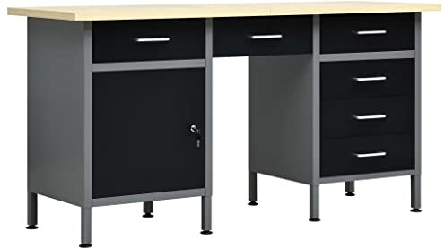 vidaXL Workbench - Black Steel and Engineered Wood with Lockable Cabinet and Adjustable Feet Ideal for Workshop and Garage