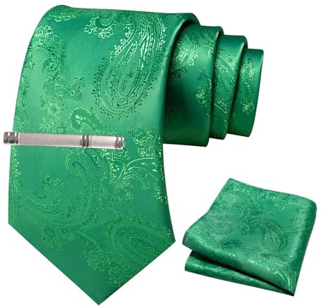 JEMYGINS Herren Paisley Krawatten set mit Krawattenklammer und Einstecktuch,Frog Green Putting Green