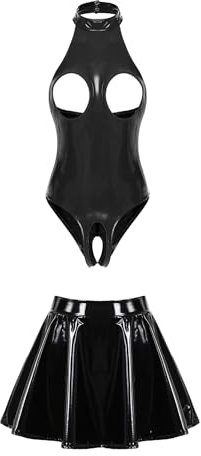 CHICTRY Damen Lack Leder Body Busenfrei Catsuit Offener Schritt Dessous Mit A Linien Rock Latex Minirock Pole Dance Outfit Schwarz M
