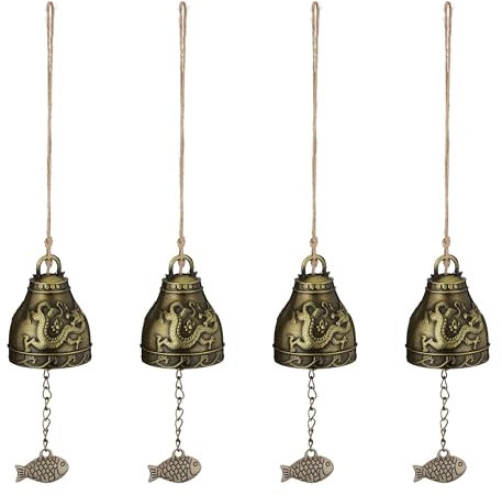 Relaxdays Windspiel Glocken, 4er Set, Feng Shui Glockenspiel, Phönix & Drache Motiv, Garten, Metall, Klangspiel, Gold
