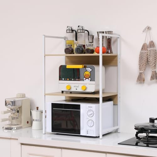 3 Tiers Microwave Oven Rack, Free Standing Microwave Shelf for Kitchen, Home Office Desktop Printer Rack, Countertop Storage Organizer for Spices Pots and Pans, Walnut