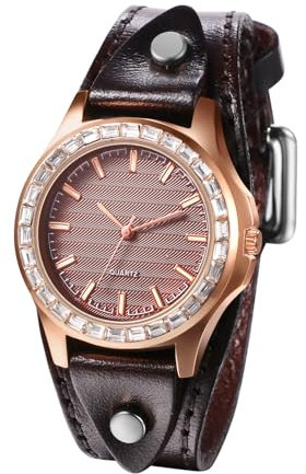 JewelryWe Uhren Damen Leder Damenuhr: Steampunk Retro Analog Quarz Armbanduhr Frauen Braun Leder Armband Manschette Uhr mit Rosegold Diamant Gehäuse