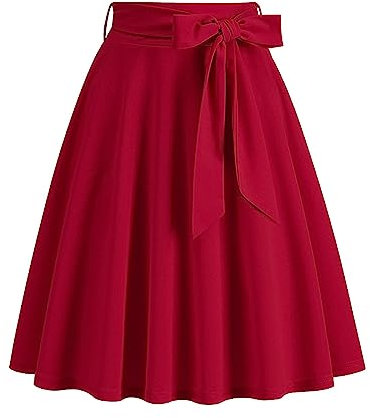 Lazzboy Rock Damen Swing 50s Retro Vintage Rockabilly Knielang Festliche Röck Mit Gürtel Faltenrock Hohe Taille Glockenrock Vinatge Sommer Bow Belt Retro Pocket A Line Skirt (Rot,M)