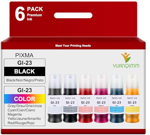 YUANQIMM GI-23 GI23 Ink Refill Bottles (Not Sublimation Ink) Replacement for Canon GI-23 Refill Ink 23 to use with Canon PIXMA G620 Refill Ink Pixma G520 Printer (Black,Cyan,Magenta,Yellow,Red,Gray)