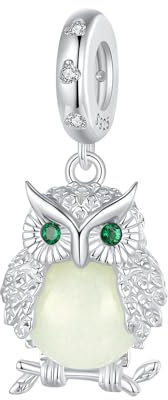 Qings Eule Anhänger Charm Glow in the Dark 925 Sterling Silber Leuchtende Eulen Owl Tier Charms Bead für Europäische Armbänder und Halsketten für Frauen Mädchen