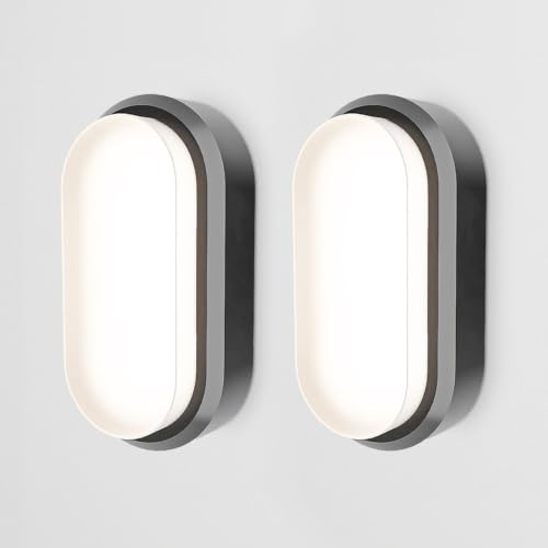 HOFTRONIC 2er Set - C-Series LED Kellerlampe Schwarz - 18W 1830lm Wandleuchte Oval - IP54 LED Feuchtraumleuchte - 4000K Neutralweiß - Wandlampe Deckenlampe für Treppe Flur Keller WC Garage