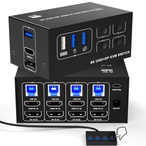 KVM Switch 4 PC 2 Monitore HDMI + DP Port - KVM Switches für 4 PC 2 Monitore, Unterstützt bis zu 8K@60Hz und 4K@120Hz, für Laptop und Desktop
