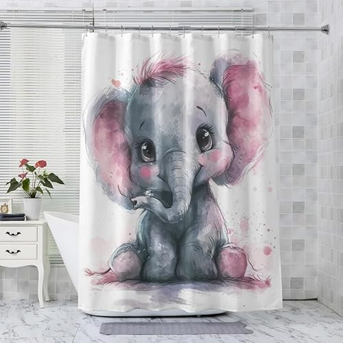 ADEIRO Duschvorhang Elefant, Karikatur Duschvorhang 90x180 Anti Schimmel, Tier Duschvorhang mit 12 Plastik Haken, Waschbar Textil Shower Curtains für Dusche und Badewanne