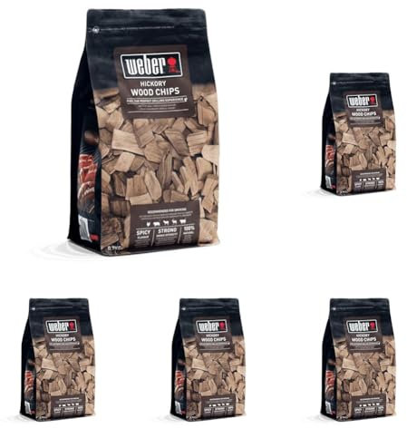 Weber Hickory Wood Chips - Hardwood Cooking Pellets, 0.7 kg, BBQ Smoker Fuel, Alternative to Briquettes, 100% Natural for Wood Fired Grills (Pack of 5)