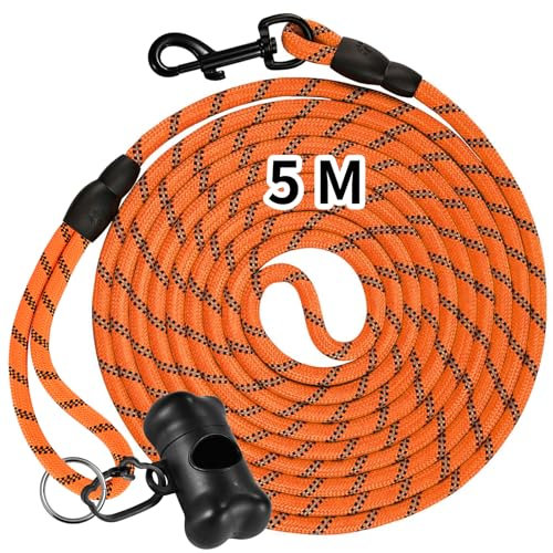 Fsvaer Schleppleine,Hundeleine mit Spender 5m 10m,Trainingsleine mit Handschlaufe und Karabinerhaken,Laufleine für Welpen Kleine Mittlere Große Hunde(Orange 5m)