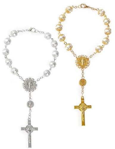 Zeayebsr 2 Stück Auto Rosenkranz für Rückspiegel mit Christophorus und Kruzifix mit Verschluss Autofahrer Geschenk Gebetskette für Auto Innenspiegel Sonnenblende Talisman Glücksbringer im PKW