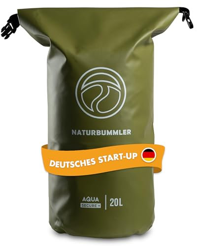 NATURBUMMLER® Dry Bag 20L [Aqua Secure+] 100 % wasserdichte Tasche mit Schultergurt & Rucksackfunktion – wasserfester Packsack für SUP, Angeln, Camping & Outdoor – Drybag Beutel (Naturgrün)