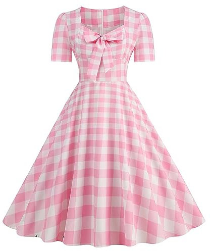 Robe style rétro années 50 et 60, style vintage, style vintage, avec col en cœur, robe vichy fluide avec nœud sur le devant pour femme, style vintage, années 50 et 60, Rose 1, 110cm