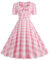 Robe style rétro années 50 et 60, style vintage, style vintage, avec col en cœur, robe vichy fluide avec nœud sur le devant pour femme, style vintage, années 50 et 60, Rose 1, 110cm