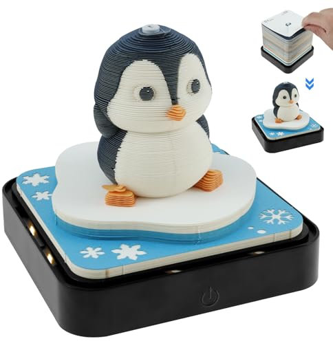 Schreibtisch kalender mit LED-Lichtern, 2025 Kalender 3D Memo Pad Papier Kreative 3D Notizblock Papier, Countdown Kalender Schnitzen Geschenk Desktop Dekoration (Pinguin)