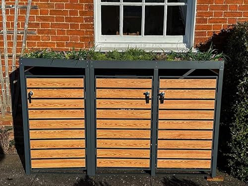 Triple Wheelie Bin Steel Storage with Planter Roof - Wood Effect Anthracite Outdoor Trash Can Storage - Size 80D x 202W x 124H Centimetres