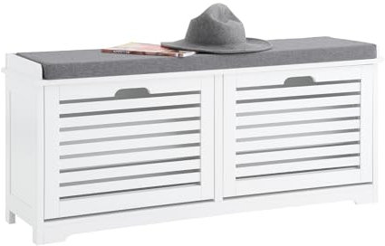 SoBuy Schuhkipper Sitzkommode Sitzbank mit Sitzkissen Schuhbank mit 2 Klappen Weiß BHT ca. 110x49x29cm FSR184-W