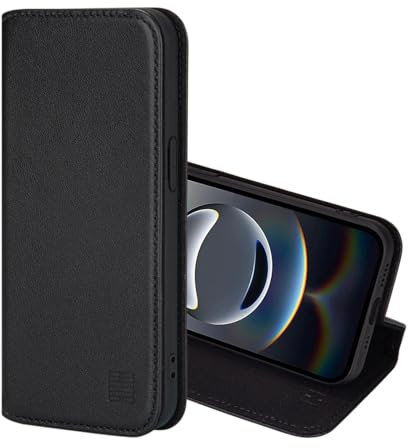 32nd Classic Series 2.0 - Real Leather Book Wallet Flip Case Cover For iPhone 16e (2025), With RFID Blocking Card Slot, Magnetic Closure and Built In Stand - Black