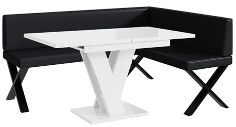 MEBLINI Eckbank für Esszimmer mit ausziehbarem Tisch - Küchenbank - Essecke - Sitzecke Küche - ERIC - X-Beine 128x168x87cm Rechts - Schwarz Kunstleder/M Weiß Hochgl.