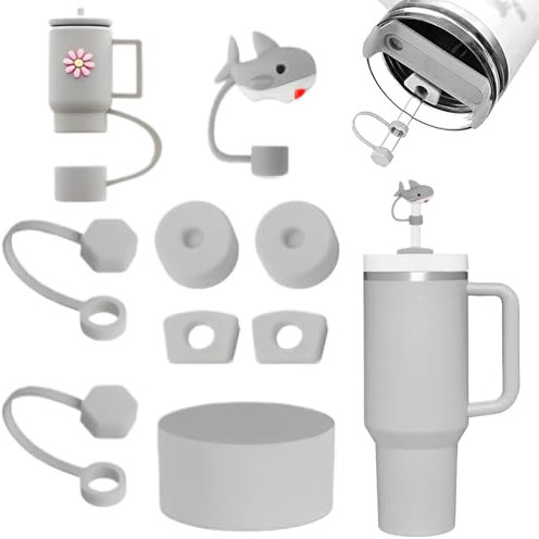 CATOR Stanley Cup, set di accessori contiene 6 tappi in silicone a prova di perdite, 2 coperchi in paglia, 1 custodia in silicone per Stanley Cup da 1,2 l e 850 ml, coppe non incluse(grigio)