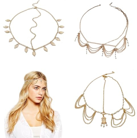FOSDICK 3 delar huvudkedja, huvudsmycken för kvinnor, guld huvudbonad, gnistrande strasshuvudkedja, smycken boho guld pannband för kvinnor och flickor bröllop bal festival