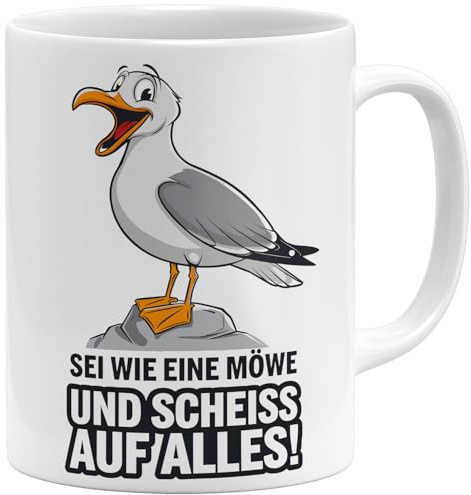 OM3® witzige Kaffee-Tasse mit Spruch - sei wie eine Möwe und scheiss auf alles - Maritim Küstenliebe Küste Meer - Keramik Becher - 325ml - Beidseitig Bedruckt - Weiss