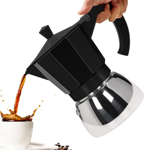 Vaolvpant No Coating 6 Cup Aluminum and Stainless Steel Moka Pot Stovetop | Espresso Maker Italian Coffee Machine 350ml 11.84oz Suitable for Gas Induction Stovetop Greca Coffee Maker Black