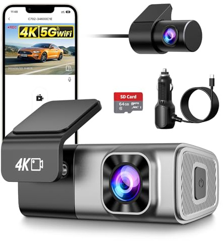 Dash Cam Auto 4K Anteriore e 2K Posteriore, WiFi 5GHz con App, G-Sensor, Registrazione in Loop, Modalità Parcheggio 24H, SD 64G