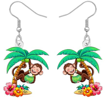 DUOWEI Niedlich Affe Ohrringe Hängend Acryl Hawaiian Stil Design Einzigartig Tropische Blume Palme Kokosnuss Getränke Sommerschmuck Strand Geschenke für Damen Mädchen Tierliebhaber