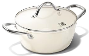 Cook & Pan - Go Ivory Kochtopf mit Deckel 22 cm-Induktionsgeeignet-PFAS frei Keramik-Beschichtung -Antihaft- wärmeisolierter Griff- Aluminium - Creme