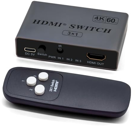 Rensaday 3-in-1 HDMI Switch 4K@60Hz HDR, mit USB-Stromkabel & Fernbedienung, HDCP 2.2, Plug & Play, unterstützt Dolby/DTS
