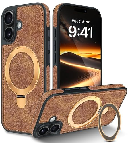 Fingic for iPhone 17 Case,Invisible Magnetic Ring Stand [Compatible with Mag-Safe] [Military Drop Protection] Shockproof Slim Kickstand PU Leather Grip Luxury Men Cover 6.3 for iPhone 17,Brown,2025