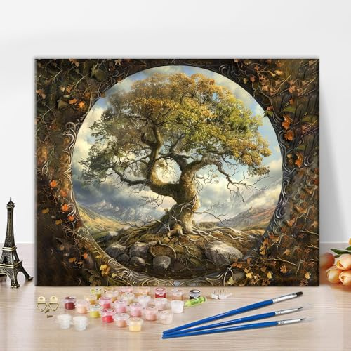 Arbre de Vie Peinture par Numéros Adulte, Paysage Peinture par Numéros pour Adultes sur Toile, DIY Acrylique Peinture avec Forêt de Montagne pour la Décoration Murale à La Maison 40x50cm (sans Cadre)