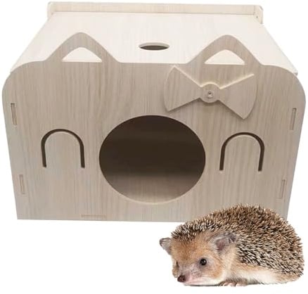 Igelhaus, 35 x 25 x 26 cm Hölzerne Igelhaus mit Rattenklappe Winterfest Abnehmbar Igel Haus mit Runden Lüftungsfenster und Boden für Igel oder Meerschweinchen zum Unterschlupf und Winterschlaf