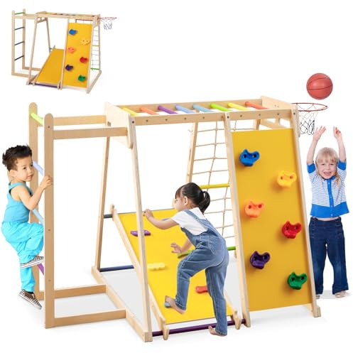 HOMASIS Klettergerüst Indoor, 6 in 1 Kletterdreieck mit doppelseitige Rutsche, Kletternetz, Kletterleiter, Basketballkorb, Kletterfelsen & Affenstangen, Holz Spielplatz für Kinder ab 3 Jahren (Bunt)