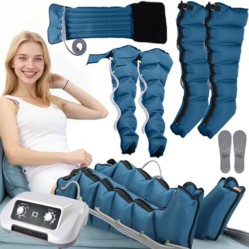 Pressotherapie-Stiefel für Beine | 6 Kammern, professionelle Pressotherapie-Maschine für zu Hause, Bauch | Massagegerät, Lymphdrainage, Durchblutung, 0-240 mmHg verstellbar (Blau, Arme + Beine + Bauch