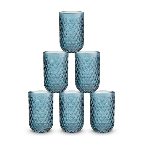 INDE SANTA CLARA | Set 6 Vasos de Cristal Agua 430cc Orbel Azul, Vasos Agua Altos de Vidrio Relieve Azul, Aptos Lavavajillas y Microondas
