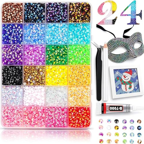 Nail Art Rhinestones Kit 24 Colours 3mm Flat Back Nail Gems Crystals Bedazzling Set with Pick Up Tweezers, Pen & 1 Glue for DIY Crafts Clothes Shoes Home Salon Nail Art Design