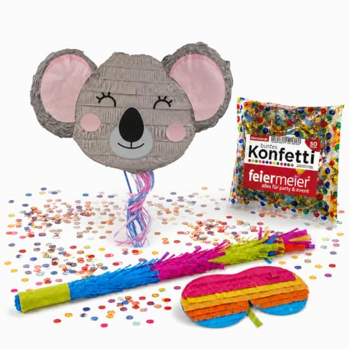 Pinata-Set | 4-tlg. mit Augenmaske, Schlagstock und Konfetti (Koala Bär | 42x25,5x7,5cm)