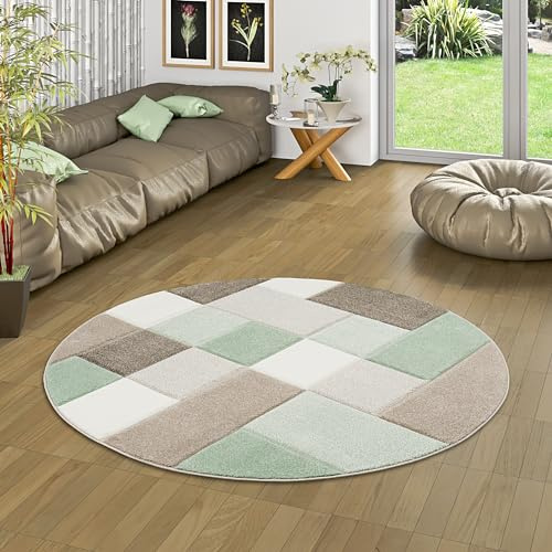 Pergamon Designer Teppich Maui Pastell Grün Beige Karo Rund in 3 Größen