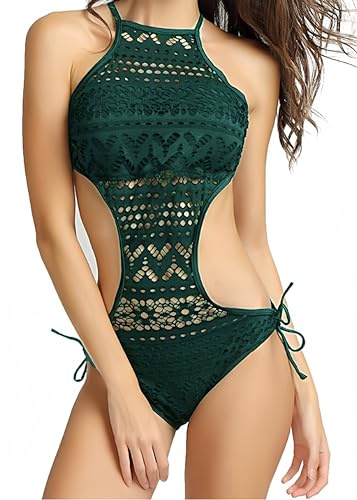 Ocean Plus Donna Costume Intero Pizzo Capestro Imbottito Costumi da Bagno Collo Alto Moda Mare (S/32, Verde dell'Esercito)