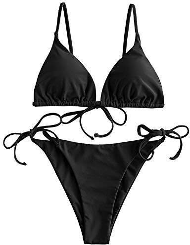 ZAFUL Damen Gepolstert Bikini Set, Einfarbig Bikini Badeanzug mit Dreieck Cup Spaghetti-Träger (Schwarz, M)