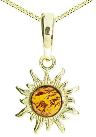Kette mit Anhänger - Sonne 14 mm - Silber 925/000, vergoldet - Bernstein