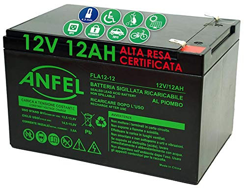 ANFEL 12V 12AH Batteria Ricaricabile al Piombo VRLA Faston F2 6.35mm per allarmi antifurti, sistemi di Sicurezza, Batterie di Ricambio per ups USV, Solar, Solarpanel