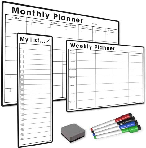The Magnet Shop Wochenplaner-Bundle, Magnettafel-Planer, trocken abwischbares Set, A4-Wochenplaner, S3 My List, A3-Monatskalender, 4 trocken abwischbare Marker, Radiergummi, 5er-Pack