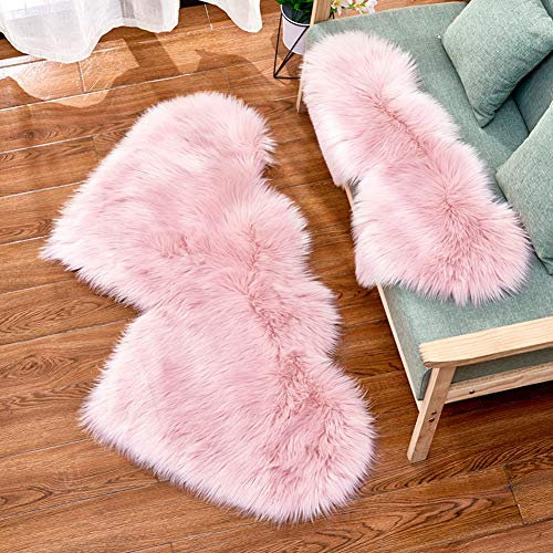 YAOTT Doppelter Herzförmiger Weiche Flauschige Faux Schaffell Teppich, Lammfell Teppiche Kunstpelz Wohnzimmer Sofas Kinderzimmer Dekoration Lammfellimitat Teppich in Herzform Rosa 35X70CM